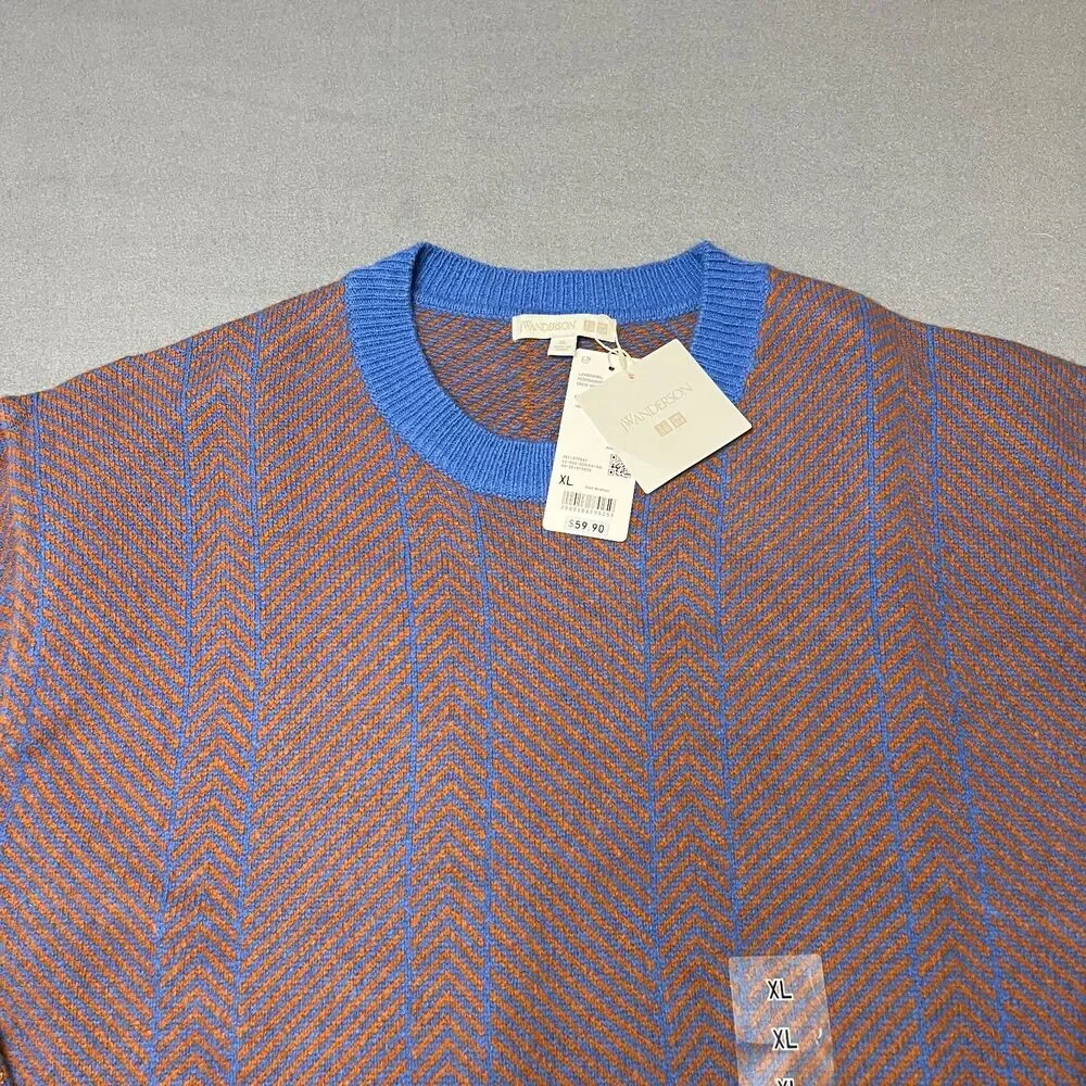 JW Anderson x Uniqlo Sweater Men's XL Blue Orange Herringbone Lambswool Crewneck